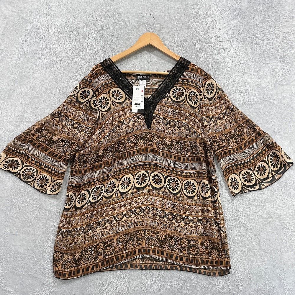 Maggie Barnes Blouse Top Womens 0X Flare‎ Sleeve Artsy Lace Neck Boho Festival